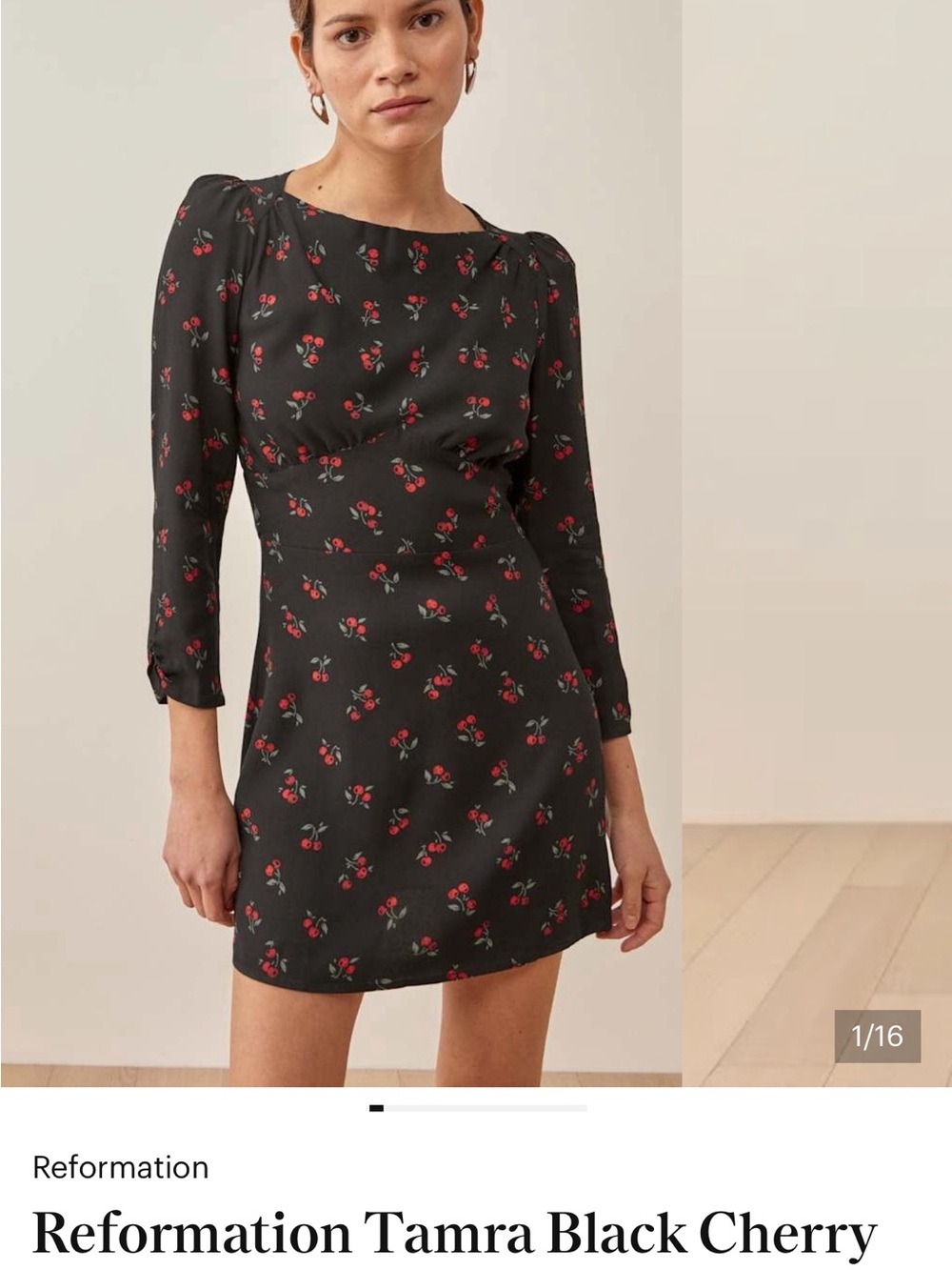 Reformation Black Mini Dress with Red Cherry Print